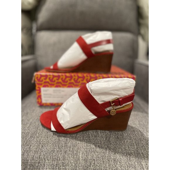 NIB Tory Burch Mini Benton Red Apple Kid Suede Wedge Sandals $298 - Picture 6 of 10